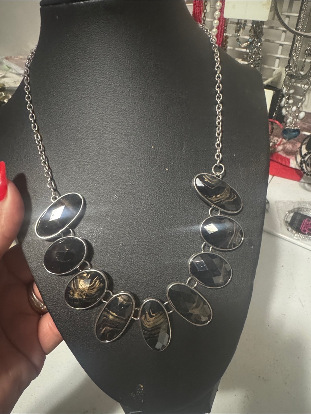 Black Faceted Oval Statement Necklace -
